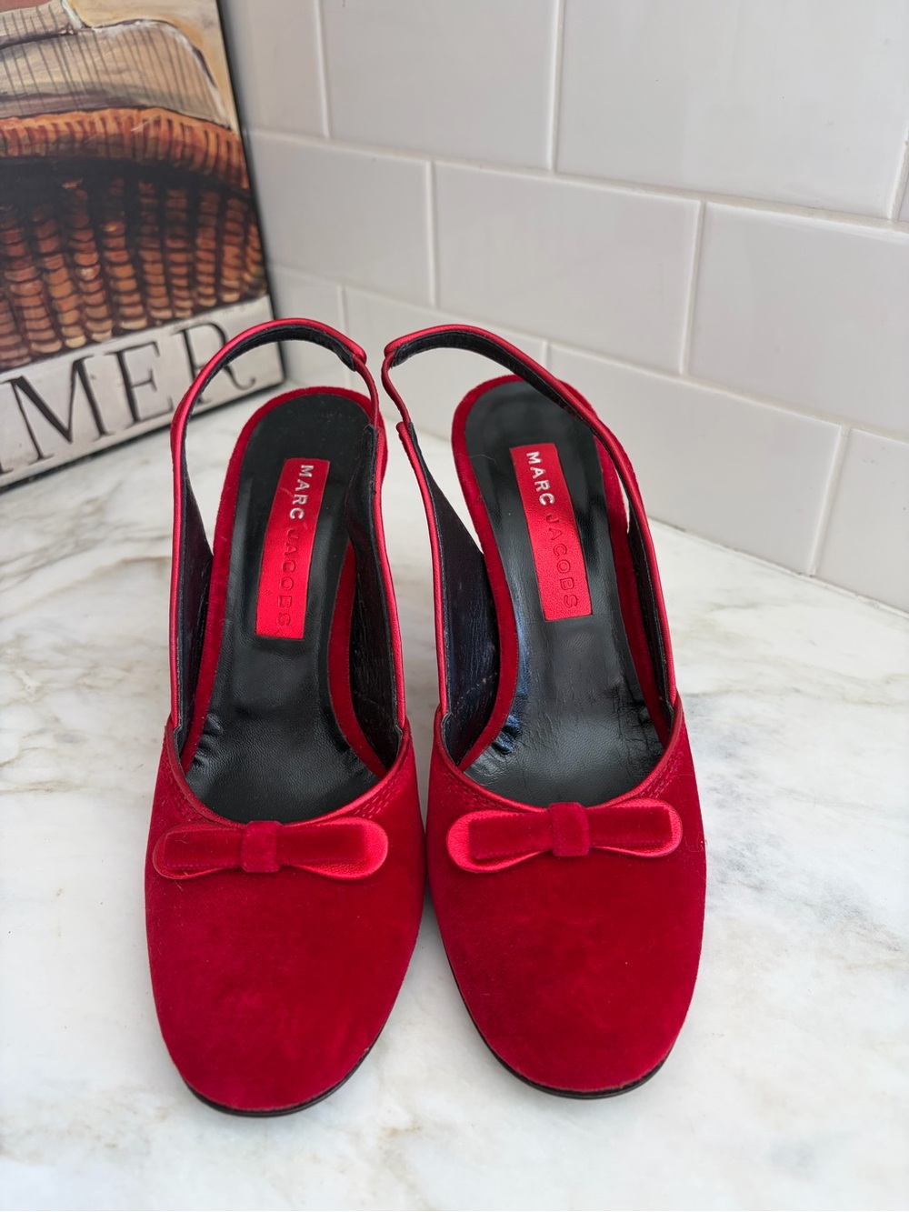 Marc Jacobs Red Velvet Slingback Mules with Bow Accent